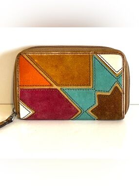 Fossil Vintage Leather Wallet Multi-Color Patchwork, Snap Closure, Zipper Pocket